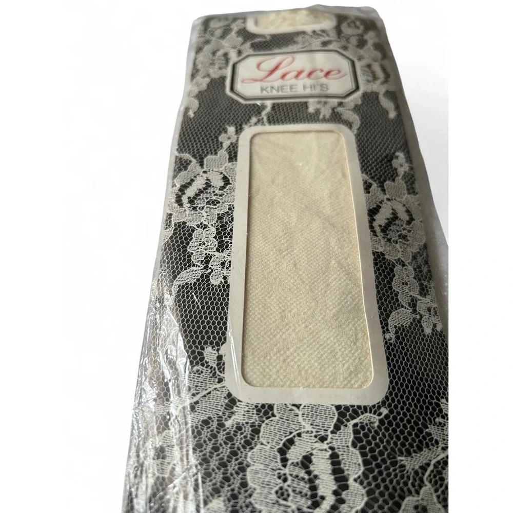 Knee Highs Vintage Ivory Allover Lace Coquette Nylon Stockings Deadstock NOS